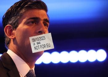 Rishi Sunak with a Not for EU label over his mouth