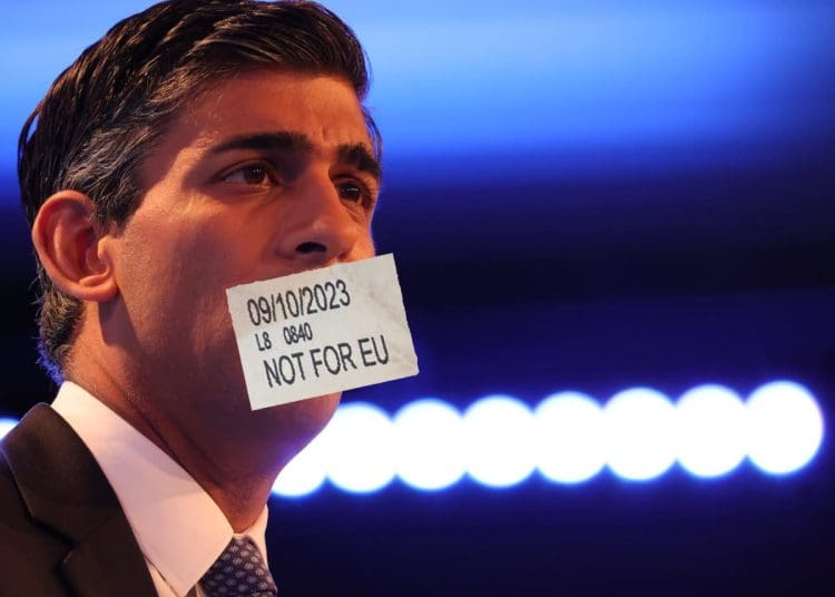 Rishi Sunak with a Not for EU label over his mouth