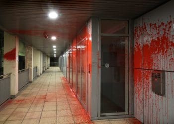 ADS offices covered in blood red paint home office arms fair London Security and Policing