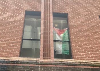 Bristol University occupation a Palestinian flag in a window