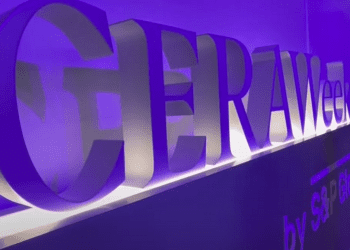 CERAweek logo on display at 2024 conference fossil fuels