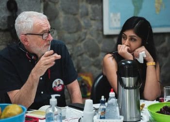 Jeremy Corbyn and Zarah Sultana looking at each other Israel