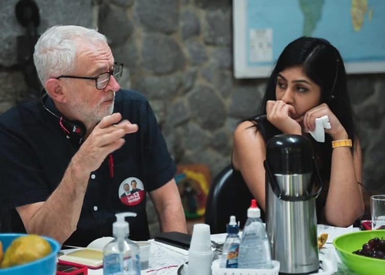 Jeremy Corbyn and Zarah Sultana looking at each other Israel