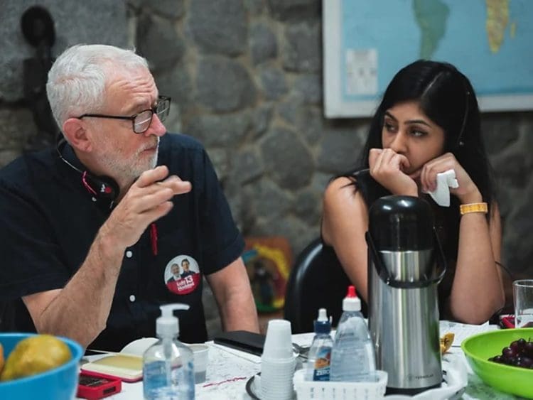 Jeremy Corbyn and Zarah Sultana looking at each other Israel