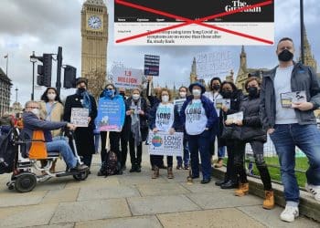 Long Covid Awareness Day campaigners standing in front of Big Ben holding placards with a Guardian headline superimposed and crossed out