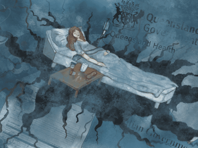Illustration of a very sick person living with ME in bed, with medication and an IV, falling into the cracks of the healthcare system. NDIS, Australian government and the Queensland government logo are imprinted behind, alongside NDIS forms. ME/CFS Australia Long Covid