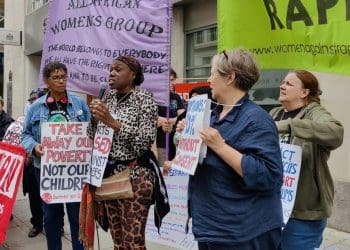 Mothers protesting outside a family court IWD