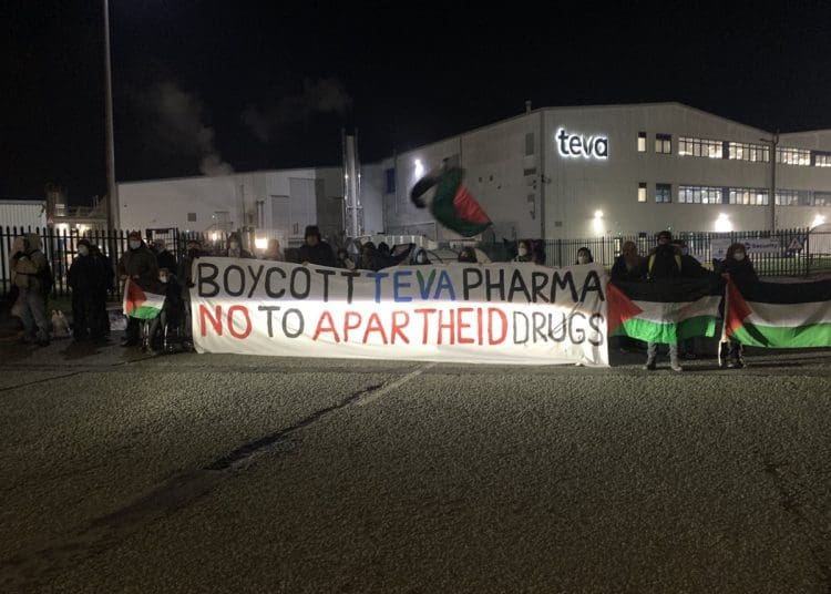 Protesters blocking Teva an Israel owned pharma company