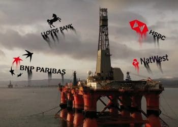 Offshore oil rig, with superimposed logos of BNP Paribas, HSBC, LLoyds Bank, and Natwest dripping in red and black Rosebank Israel