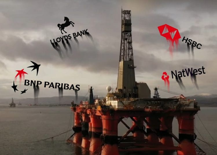 Offshore oil rig, with superimposed logos of BNP Paribas, HSBC, LLoyds Bank, and Natwest dripping in red and black Rosebank Israel