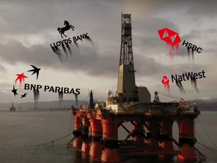 Offshore oil rig, with superimposed logos of BNP Paribas, HSBC, LLoyds Bank, and Natwest dripping in red and black Rosebank Israel