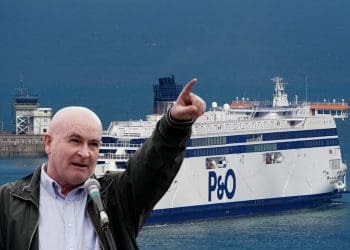 Mick Lynch pointing at a P&O ferry