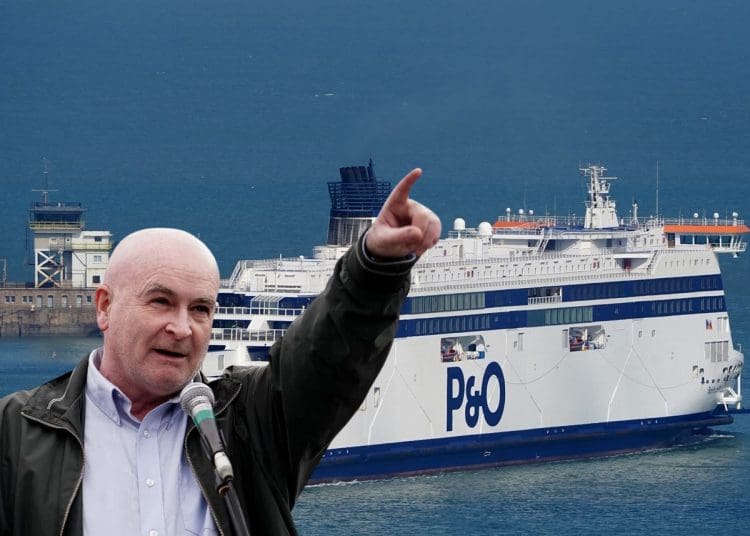 Mick Lynch pointing at a P&O ferry