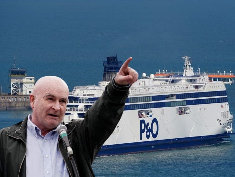 Mick Lynch pointing at a P&O ferry