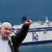 Mick Lynch pointing at a P&O ferry