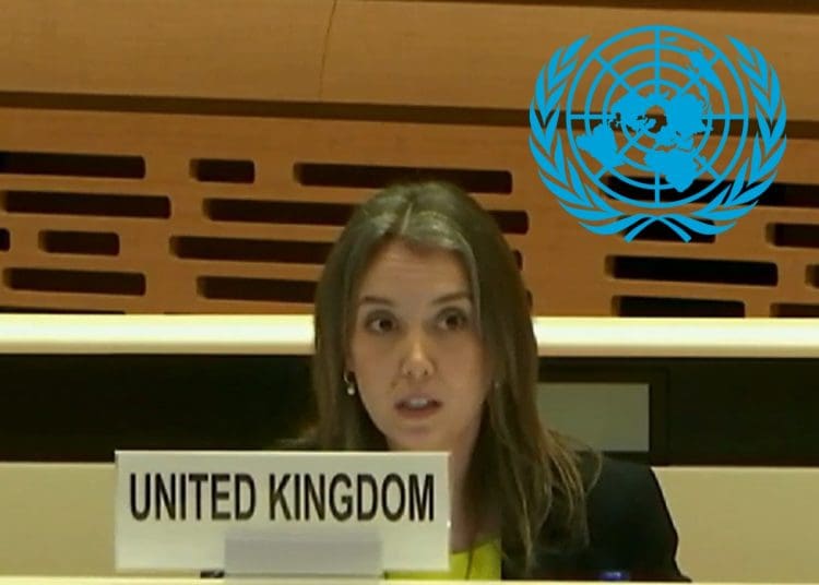 The UK representative of the government giving evidence at a UNCRPD hearing with the UN logo above her