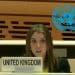 The UK representative of the government giving evidence at a UNCRPD hearing with the UN logo above her