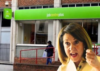 A DWP Jobcentre with Liz Kendall looking angry at a claimant NHS Labour Party