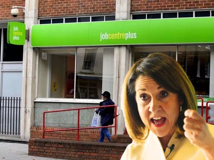 A DWP Jobcentre with Liz Kendall looking angry at a claimant NHS Labour Party