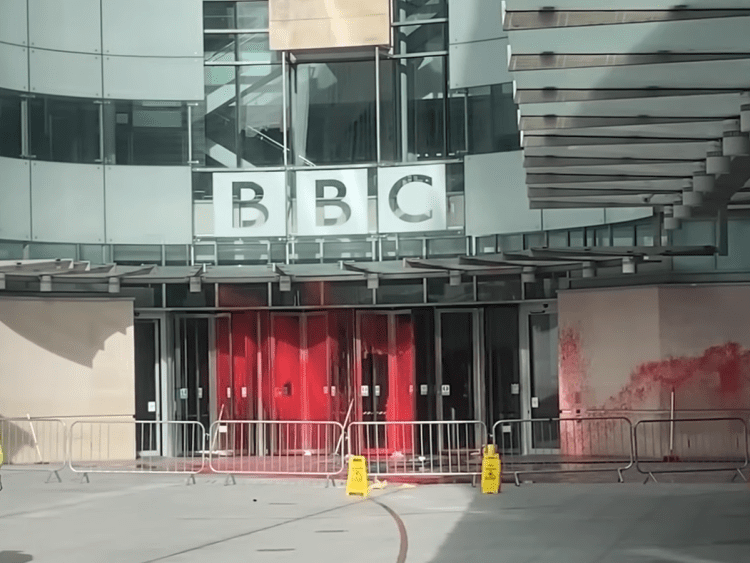 A picture of the BBC building soaked in red paint Israel media