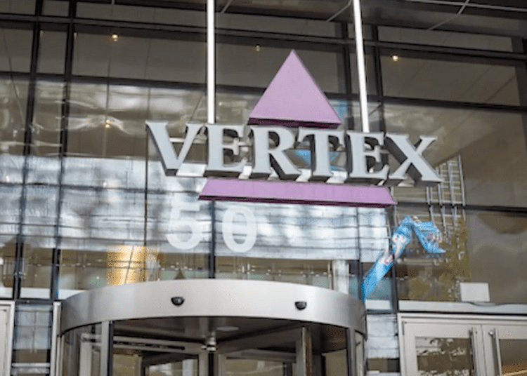 Logo on the front of Vertex Pharmaceuticals building cystic fibrosis big pharma Trikafta