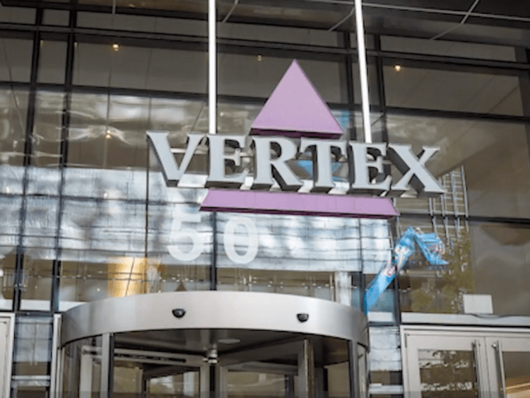Logo on the front of Vertex Pharmaceuticals building cystic fibrosis big pharma Trikafta