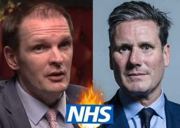 Dan Poulter and Keir Starmer and an NHS logo with flames behind it Labour