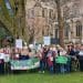 Over a hundred Save the Trees campaigners gather together with placards and banners outside Ripon Cathedral, next to the veteran beech tree.