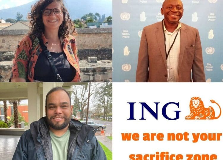 Three community defenders planning to attend ING's AGM. Text with ING's logo reads "We are not your sacrifice zone".