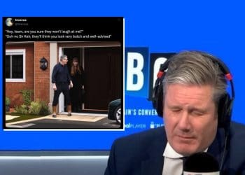 Keir Starmer wincing beside a text message mocking a picture of him in rigger boots