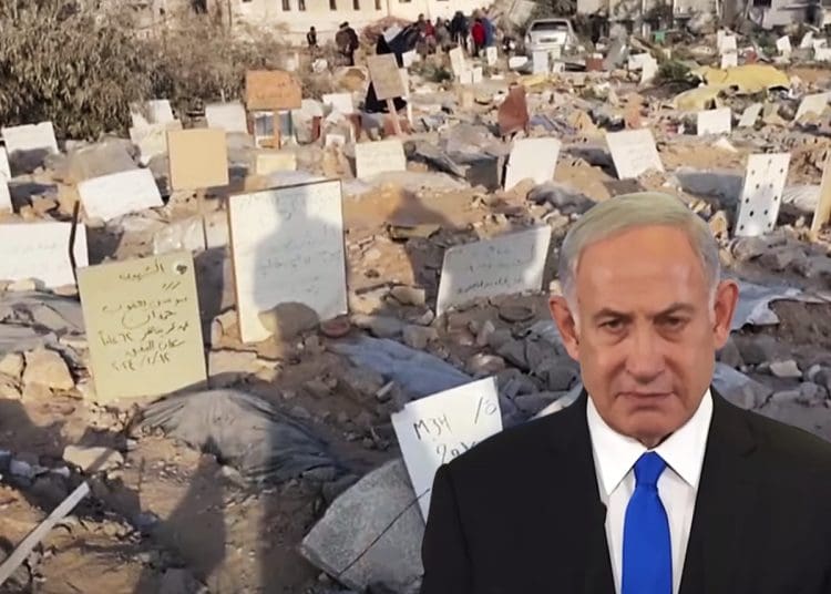 A graveyard outside the Al Shifa hospital with Benjamin Netanyahu looking on Israel conventions