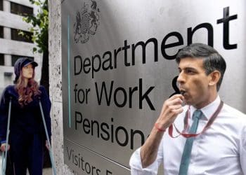 Rishi Sunak blowing a whistle at a woman on crutches next to the DWP sign benefits