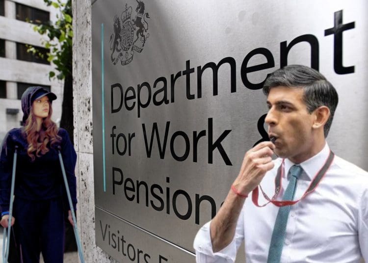 Rishi Sunak blowing a whistle at a woman on crutches next to the DWP sign benefits