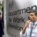 Rishi Sunak blowing a whistle at a woman on crutches next to the DWP sign benefits