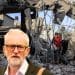 A girl in the rubble in Gaza and Jeremy Corbyn looking on Israel ceasefire
