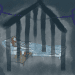 Illustration of a severely chronically ill women in bed. A house shape in watercolour surrounds her, with running paint in vertical lines reminiscent of prison bars. A purple domestic violence ribbon runs into a blue ME/long Covid ribbon, intersecting severe ME/CFS Australia