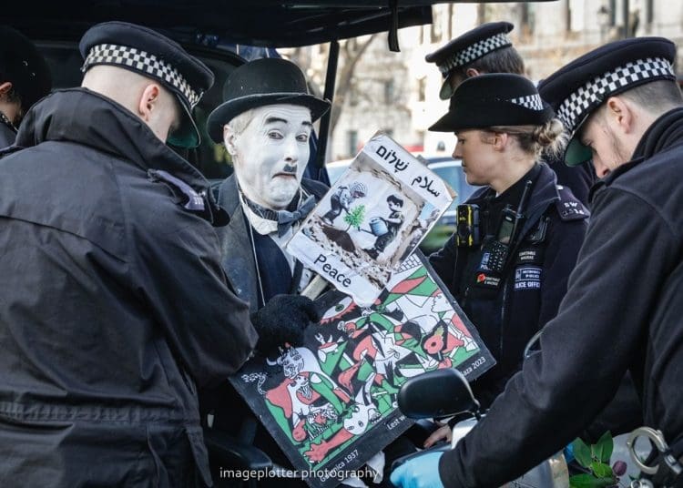 Charlie Chaplin being arrested for protesting Gaza Israel