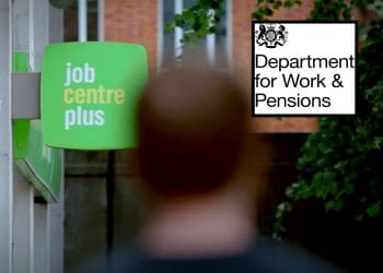 Job Centre sign and the DWP logo Universal Credit benefits migration