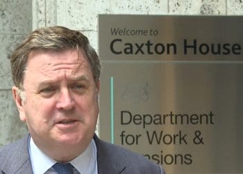 DWP boss Mel Stride in front of Caxton House Universal Credit benefits