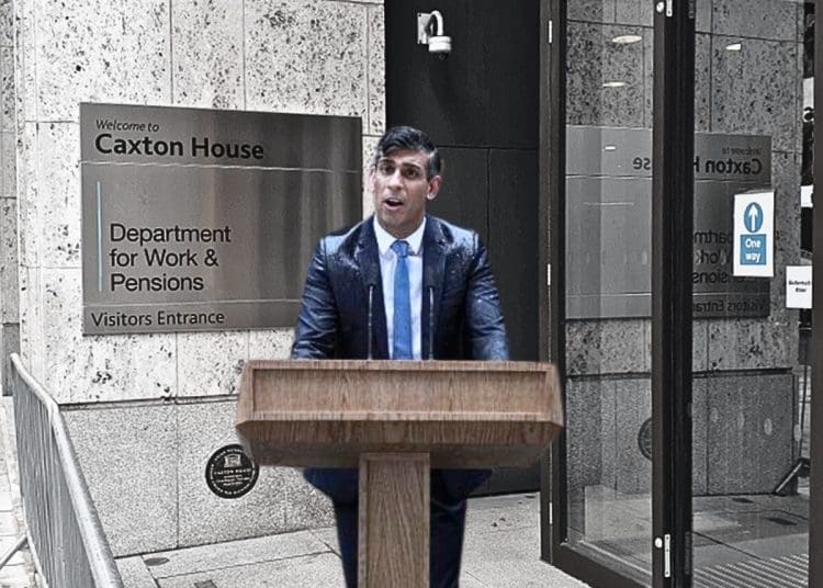 DWP Caxton House Rishi Sunak outside in the rain general election