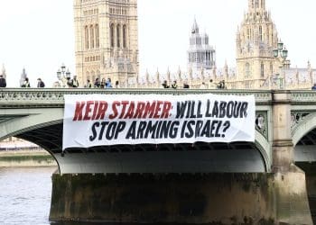 Banner drop Labour Israel arms sales