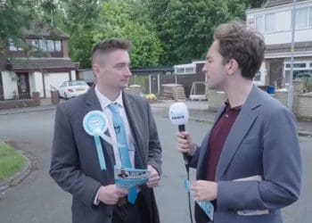 Reform candidate George Woodward talking to Lewis Goodall.