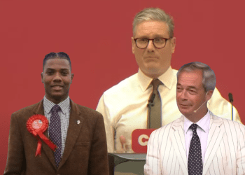 Labour leader Keir Starmer looking towards Clacton candidate Jovan Owusu-Nepaul, and a smirking Nigel Farage.