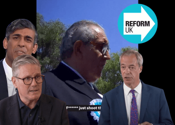 Reform canvasser with the subtitles that read: F****** just shoot them. Nigel Farage, Rishi Sunak, and Keir Starmer in front, alongside the Reform Party logo Clacton