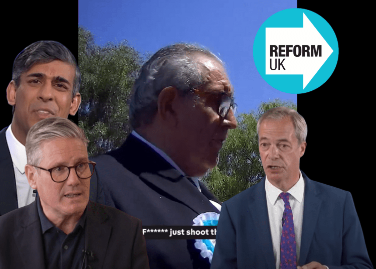 Reform canvasser with the subtitles that read: F****** just shoot them. Nigel Farage, Rishi Sunak, and Keir Starmer in front, alongside the Reform Party logo Clacton