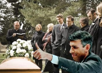 Sunak giving a thumbs up to a coffin welfare