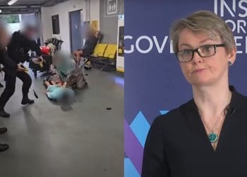 A police officer kicking a prone man in the head and Yvette Cooper side by side Labour
