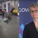 A police officer kicking a prone man in the head and Yvette Cooper side by side Labour
