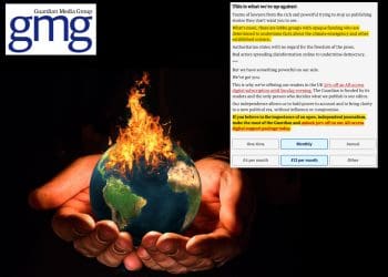Hands holding a burning Earth over a blackground. Also pictured is the Guardian Media Group logo and text from the Guardian's website where they ask for money to fight climate change
