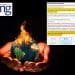 Hands holding a burning Earth over a blackground. Also pictured is the Guardian Media Group logo and text from the Guardian's website where they ask for money to fight climate change